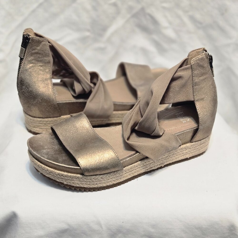 EILEEN FISHER Zoe Metallic Leather & Mesh Espadrille Platform Sandals 9.5 Shoes